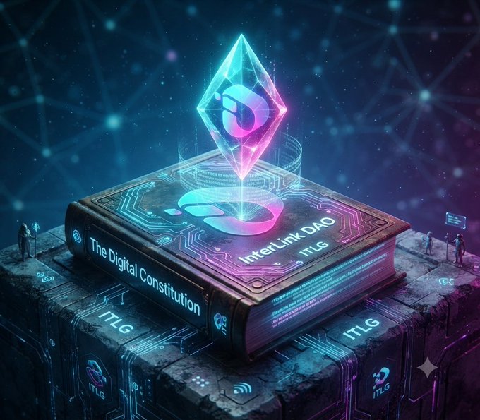 A futuristic digital artwork depicts a glowing neon book titled "The Digital Constitution" and "InterLink DAO" resting on a stone pedestal, with a holographic diamond shape and interconnected network nodes in the background.