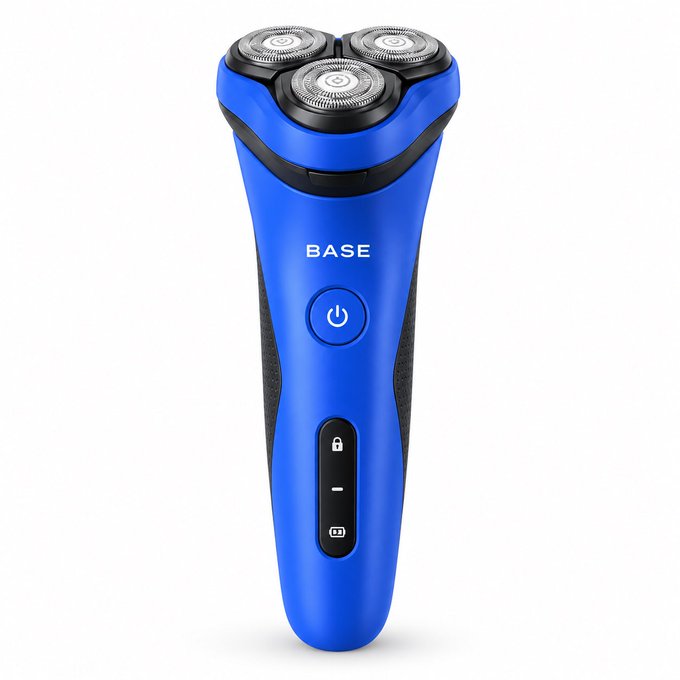 A blue electric rotary shaver branded "BASE" with three circular heads, a power button, and battery indicator icons, humorously presented as essential "trading gear" for the Base blockchain—suggesting grooming tools are needed to prepare for trading activity.