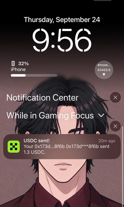 A smartphone lock screen at 9:56 PM on Thursday, September 24 shows a Notification Center banner from "USDC sent!" indicating 1.3 USDC was sent to address 0x173d...8f6b, with the battery at 32%. The image illustrates the aftermath of the wallet hack mentioned in the post, showing one of the unauthorized transactions draining funds from the compromised wallet used for NFT sites and token deployments.