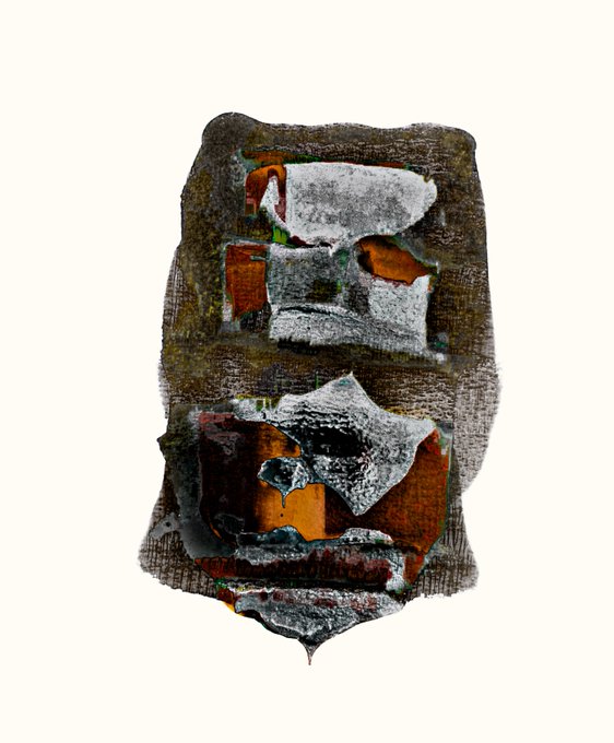 An abstract, textured artwork featuring a shield-like shape with a layered, fabric-like texture in earthy tones of brown, gray, white, and rust orange, appearing like a painted, distressed emblem against a white background.