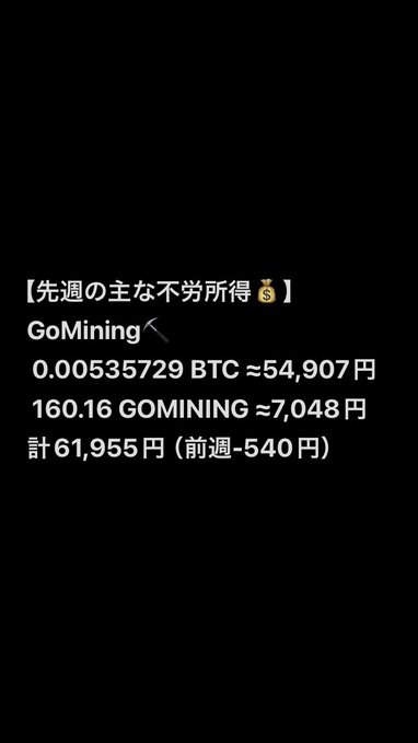 Black screen with white text showing last week's passive income summary from GoMining: 0.00535729 BTC (~54,907 yen) plus 160.16 GOMINING (~7,048 yen), totaling 61,955 yen (down 540 yen from previous week).