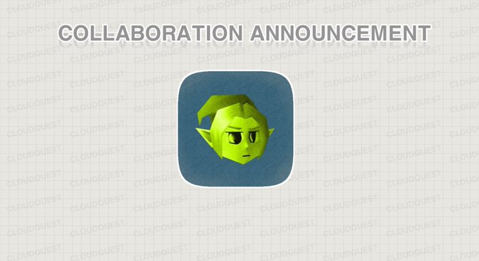 The image is a "COLLABORATION ANNOUNCEMENT" graphic from Cloud Quest, featuring a green low-poly goblin-like character with a skeptical expression displayed on a blue icon, set against a grid background with "CLOUDQUEST" watermarks, promoting the Hoodtardi NFT collaboration and raffle.