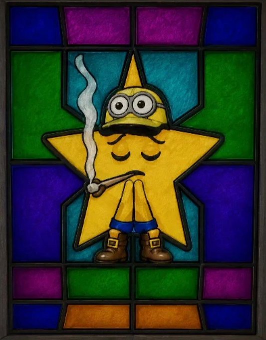 A stained glass window depicts a yellow star-shaped cartoon character in blue shorts smoking a pipe, set against a colorful backdrop of purple, green, blue, and orange panes. The image plays on the "Cathedrals Everywhere" meme by reimagining a sacred ecclesiastical art form with a whimsical, irreverent figure, tying into the irreverent humor associated with the referenced $DMT token and SankoQuest post.