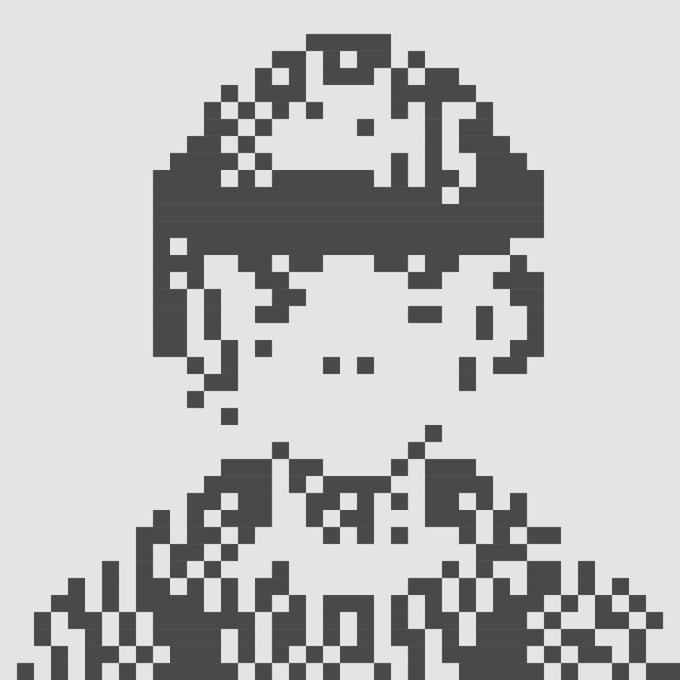 Pixelated black and white portrait of a person's head and shoulders, rendered in a stylized digital art style.
