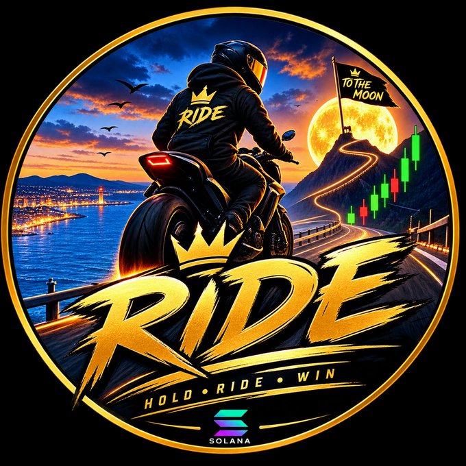A circular digital illustration featuring a motorcyclist at sunset with a "TO THE MOON" flag, branded "RIDE - HOLD • RIDE • WIN" with a Solana logo at the bottom.