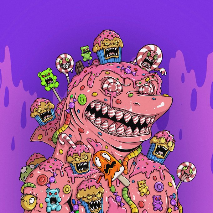 A colorful psychedelic illustration of a monster made of pink frosting, candy, gummy bears, cupcakes with sharp teeth, and lollipops on a purple background.