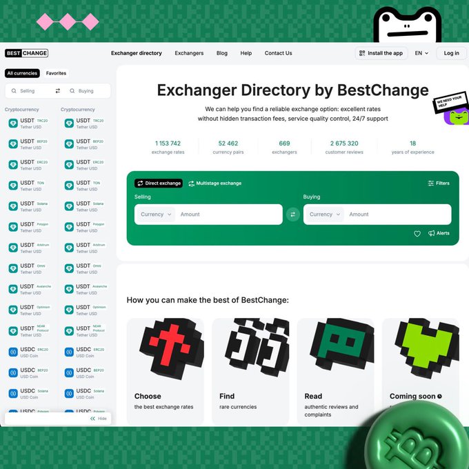 The BestChange website homepage displaying an "Exchanger Directory" with statistics including 1,153,742 exchange rates and 669 exchangers.