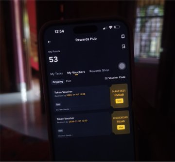 A hand holds a smartphone displaying the "Rewards Hub" with 53 points and two token vouchers for "0.4414923" and "0.02209268" in the "Ongoing" section of "My Vouchers," showing proof of earned $NVDAB token vouchers from the spin campaign mentioned in the post.