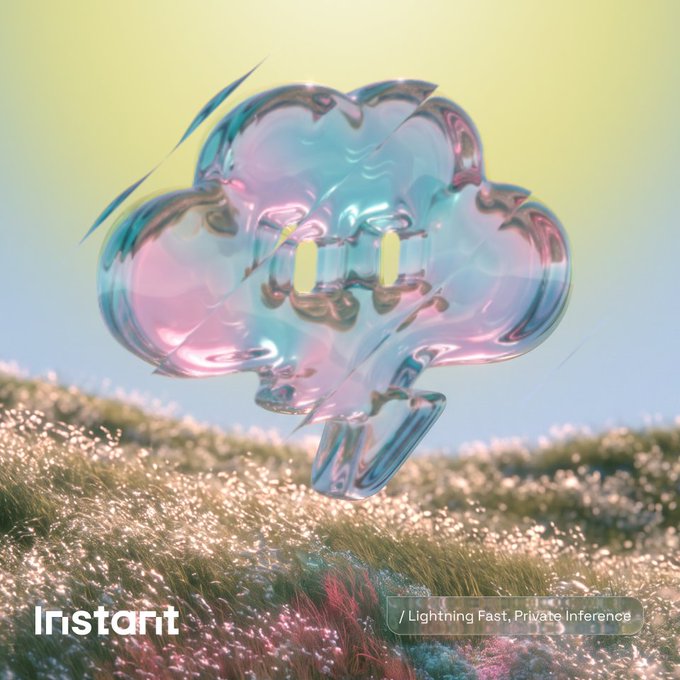 A glossy, translucent cloud-like form hovers above a sunlit flower field, with "Instant" and "/ Lightning Fast, Private Inference" overlaid, visually conveying the message's claim that Bittensor has entered its "Inference Era"—where private, high-speed AI inference is delivered as a seamless commodity rather than a list of options.