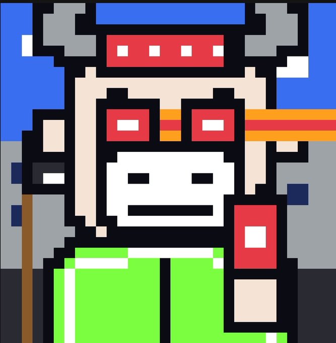 A pixel art illustration of a character wearing red glasses, a grey helmet with a red stripe, and green pants, holding a weapon that shoots orange laser beams from the eyes.