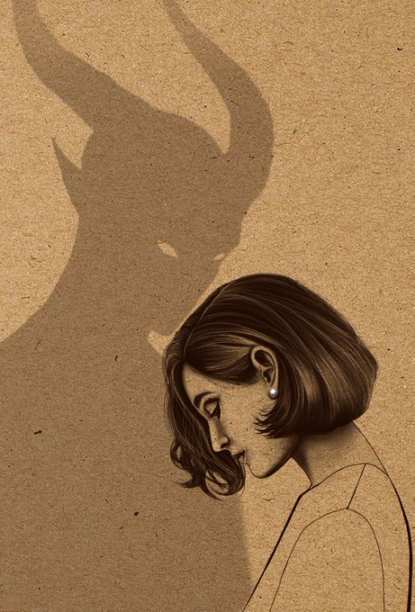 A stylized digital illustration of a woman in profile with short brown hair, her shadow looming behind her in the shape of a horned, menacing silhouette on a brown paper-like background.