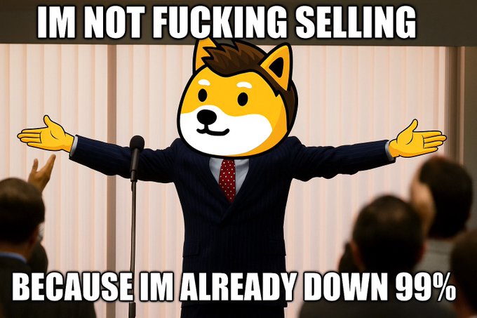 The image features a graphic representation of a dog wearing a suit, standing behind a podium with its arms wide open as if giving a speech or announcement about the sale of a cryptocurrency called DogE. The text overlaying the illustration reads: "I'M NOT FUCCING SELLING DOGE".