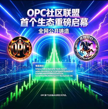 A promotional graphic in Chinese for the 'OPC社区联盟' (OPC Community Alliance) announcing an ecosystem launch with full network mining, displaying logos for OPC and another token, along with contract addresses.
