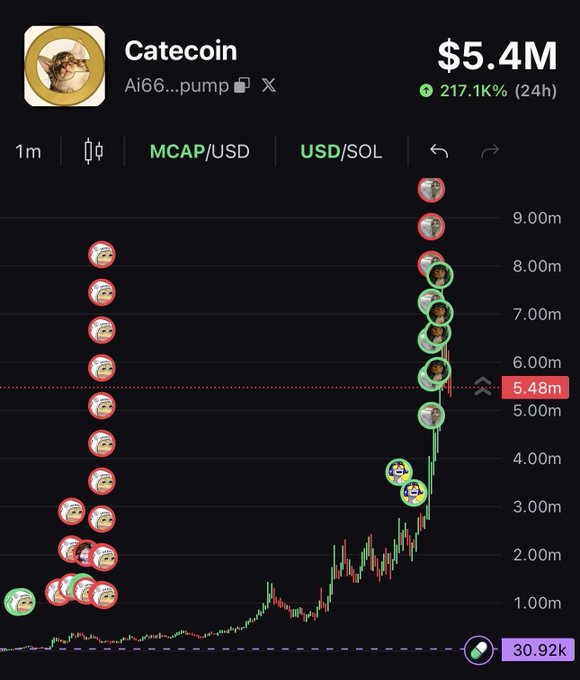 The Catecoin chart shows a market cap of $5.4M, up 217.1% in 24 hours, illustrating the post's claim of "incredible things" happening on the Solana blockchain, even with the price at $75.
