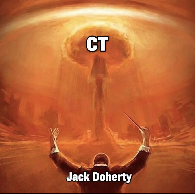 Humorous meme showing a man reaching up toward a mushroom-cloud-like heavenly explosion, labeled 'CT' at the top and 'Jack Doherty' at the bottom, mocking crypto Twitter culture.