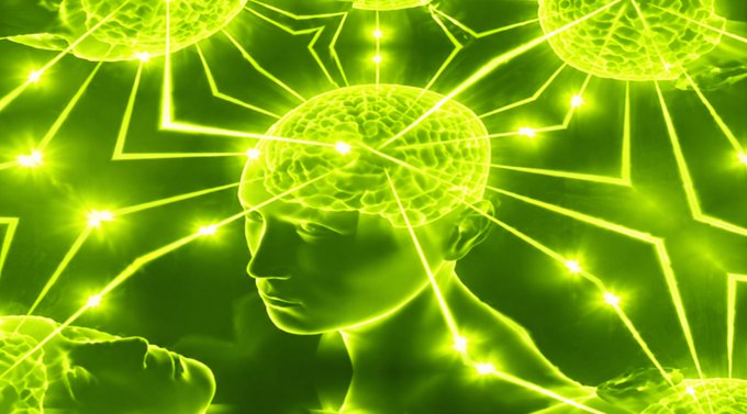 A digital illustration in green tones depicts a human head with an exposed brain, connected by glowing lines to other brains in a network, symbolizing connectivity or shared consciousness.