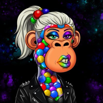 A colorful NFT-style digital artwork of an ape character with rainbow beaded necklaces, multicolored face makeup, and a leather jacket against a cosmic purple background.