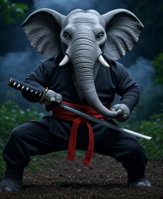 A surreal AI-generated image of a humanoid elephant dressed in a black martial arts gi with a red belt, wielding a katana sword in a fighting stance.