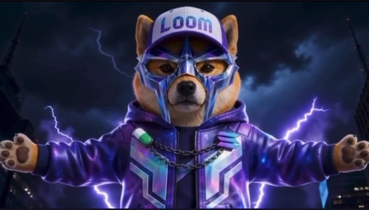 A Shiba Inu dog wearing a purple metallic mask, a cap reading "LOOM," and a shiny purple jacket with chains stands heroically with arms outstretched against a stormy lightning-filled sky. The image visually reinforces the post's theme of $Loom being the heroic savior of the Loom blockchain, presenting the dog as a larger-than-life guardian figure amid dramatic, powerful imagery.