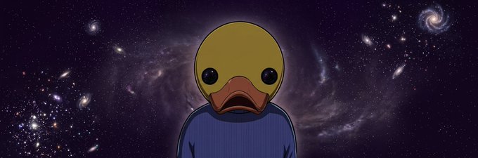 A cartoon duck with a downturned bill stands against a backdrop of deep space filled with stars and galaxies.