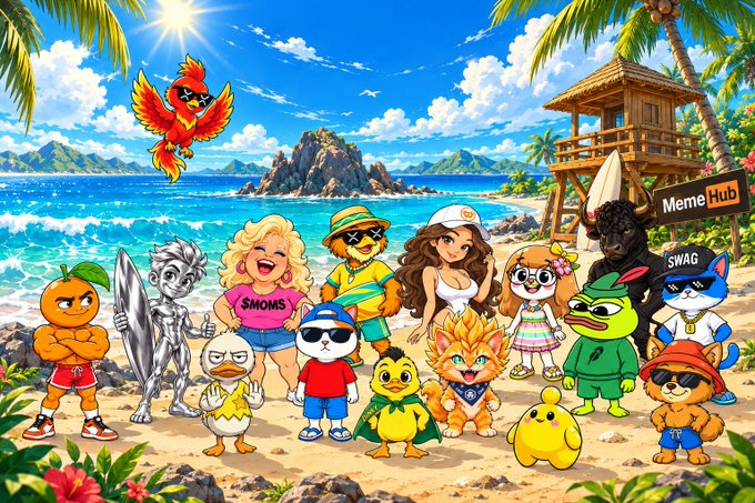 A vibrant cartoon illustration depicting numerous internet meme characters, including a phoenix, orange, silver surfer, chick, duck in a Superman outfit, and a troll, gathered on a tropical beach with a "Meme Hub" sign visible.
