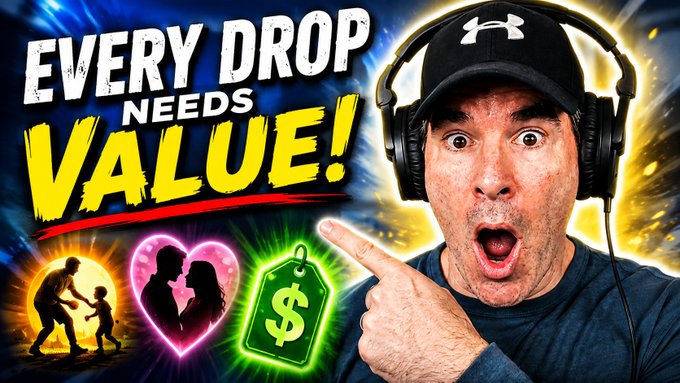 A YouTube thumbnail featuring a shocked man in a black cap and headphones pointing at text reading 'EVERY DROP NEEDS VALUE!' alongside icons of a family, a heart, and a dollar price tag.
