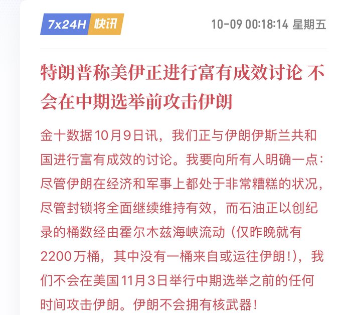 A Chinese news article from '7x24H 快讯' dated 10-09, with a headline stating Trump claims productive discussions with Iran and no attacks before the midterms.
