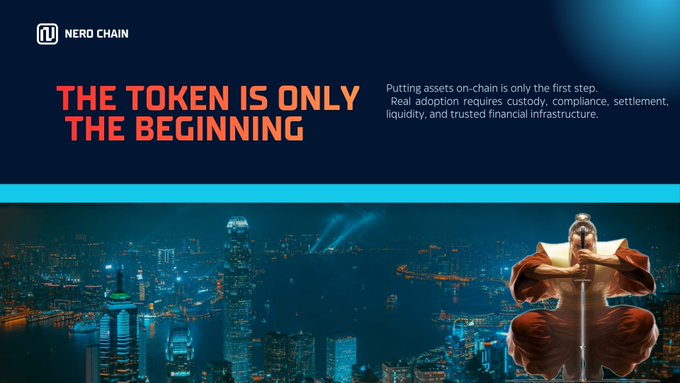 An advertisement for Nero Chain displays the headline 'THE TOKEN IS ONLY THE BEGINNING' above a nighttime cityscape featuring a golden warrior statue.