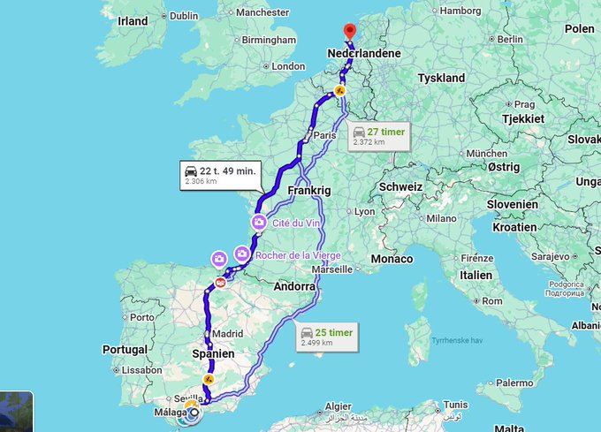 A Google Maps route from the Netherlands to Málaga, Spain, displaying two driving options: 22 hours 49 minutes (2,306 km) and 25 hours (2,499 km).