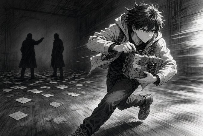 A black-and-white manga-style illustration of a young man running while holding a mysterious device, with two silhouetted figures and scattered papers in the background.