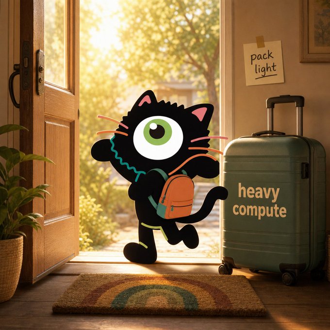 The image features a cartoon cat standing at an open door, holding a backpack with its paws while looking out of the doorway. The cat appears to be wearing glasses and has a green suitcase next to it. A note attached to the door reads "Pack Light". This scene is related to the post because it encourages viewers to pack light in their lives, just like the cartoon cat who carries only what he needs on his back instead of bringing unnecessary baggage.