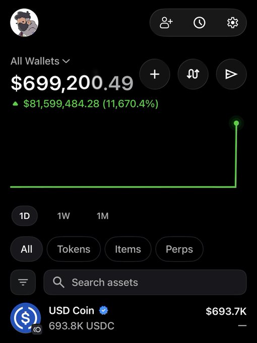 A screenshot of an OpenSea wallet shows a “USD Coin” balance of 693.8K USDC, worth $693.7K, alongside a dramatic one-day increase of $81,599,484.28 (11,670.4%). It illustrates the scam token scare described in the post, which nearly made the user quit their job.