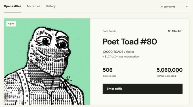 A screenshot of a raffle webpage titled 'Poet Toad #80' showing 506 tickets sold and 5,060,000 TOADS collected, with an 'Enter raffle' button.