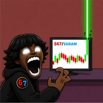 A cartoon depicts a wide-eyed person wearing a '67' hoodie laughing maniacally at a computer screen showing a green upward crypto chart for the ticker '$67/$GRAM' (SOL).