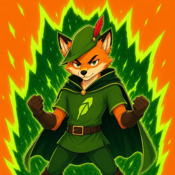 An illustrated anthropomorphic fox dressed as Robin Hood in a green tunic and hat with a red feather, standing against a vibrant green flame-like background on orange.