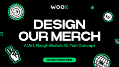 An advertisement graphic with 'WOO X' branding that says 'DESIGN OUR MERCH' inviting AI art, rough sketch, or text concepts, featuring a 'SHARE PROJECT POOL' button.