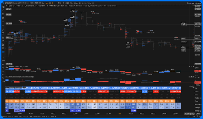 A complex financial trading platform (bookmap) displaying BTCUSDT perpetual contract data with order book heatmaps, depth of market, volume analysis, and delta profiles.