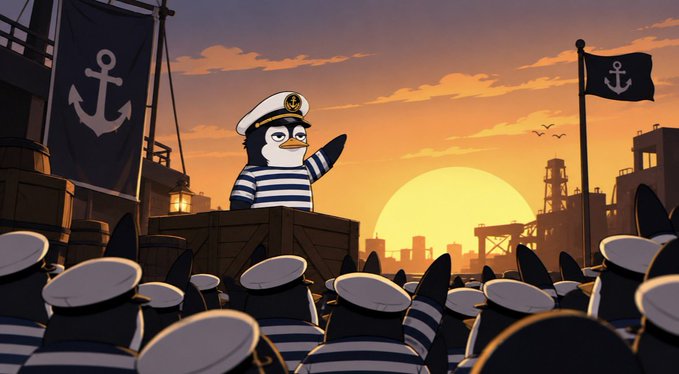An animated illustration shows a penguin wearing a sailor hat standing on a crate addressing a crowd of other penguins in sailor hats against a sunset harbor backdrop.