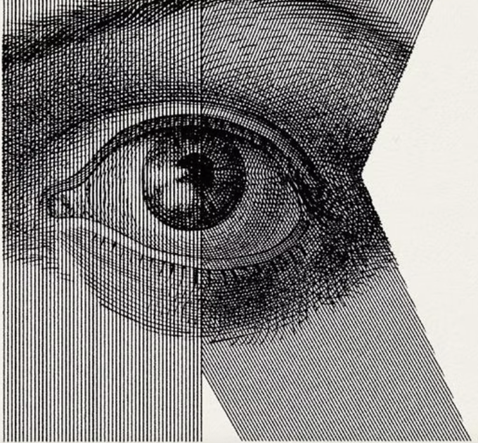 A detailed black and white crosshatch drawing of a human eye with a geometric division line down the middle.