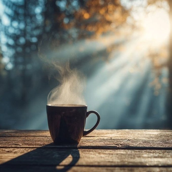 A steaming cup of coffee sits on a wooden table with sunlight streaming through trees in a misty background.