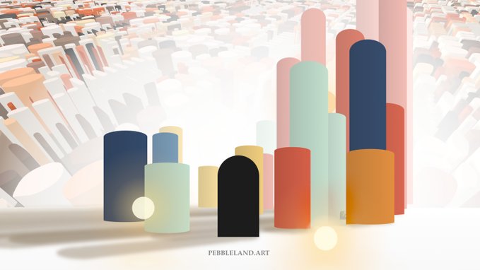 A digital illustration titled 'PEBBLELAND.ART' showing various colorful, pill-shaped cylindrical objects of different heights arranged on a reflective surface.