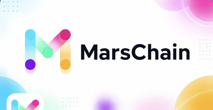 A promotional graphic for MarsChain featuring a colorful gradient 'M' logo against a white background with pastel circular design elements.
