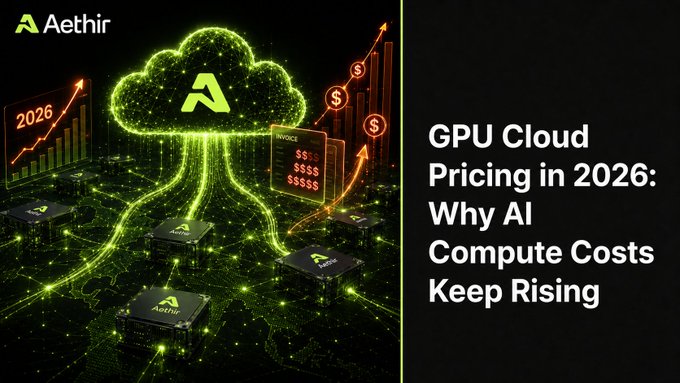 A promotional graphic for Aethir titled "GPU Cloud Pricing in 2026: Why AI Compute Costs Keep Rising," featuring a glowing green cloud and Aethir-branded GPU chips connected by digital streams, with rising bar graphs marked "2026" and dollar sign icons illustrating escalating hyperscaler GPU pricing—visually reinforcing the post's message that decentralized GPU clouds are needed to combat rising AI compute costs.