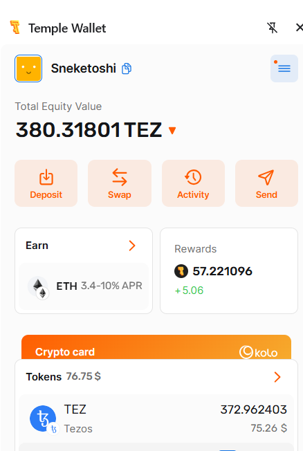 Temple Wallet dashboard showing account "Sneketoshi" with a total equity of 380.31801 TEZ, including 372.962403 TEZ (Tezos) tokens worth $75.26. The image visually supports the post by displaying the substantial TEZ balance (370+ xtz) the user has accumulated, along with a small ETH earning position (3.4-10% APR) which corresponds to their comment about "Eth looking rough," while highlighting the TEZ holdings they plan to spend on art.