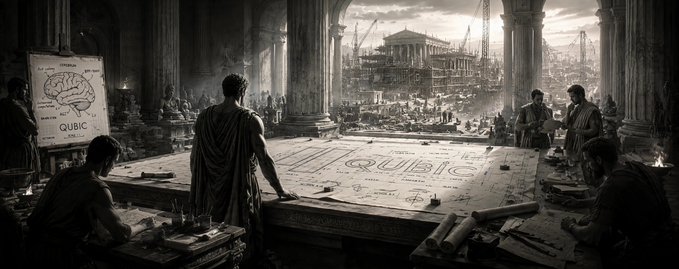 A black and white fantasy illustration of an ancient Roman/Greek architectural scene where scholars work on a massive table displaying 'QUBIC' written across its surface, with a brain diagram labeled 'QUBIC' on a board to the left and classical temples in the background.
