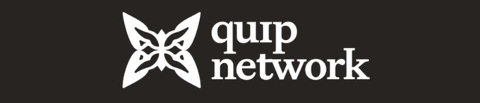 A logo for 'quip network' is displayed in white text alongside a geometric, butterfly-like icon on a black background.