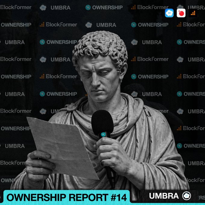 A Roman statue holding a microphone and papers for the 'OWNERSHIP REPORT #14' by UMBRA and BlockFormer.