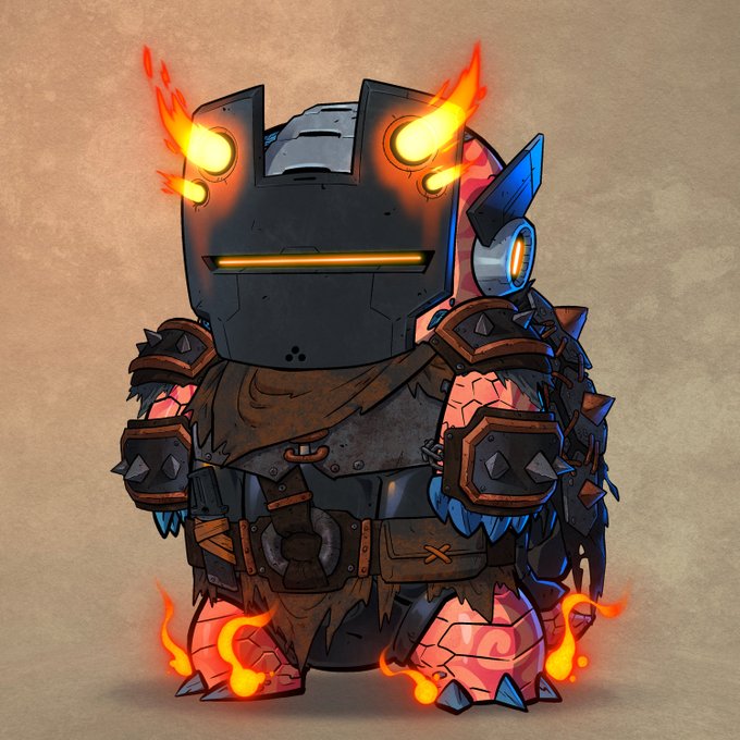 A cartoon illustration of an armored knight character with a dark metal helmet featuring flaming eye sockets, glowing orange cracks across its body, and spikes on its shoulders, standing against a tan background.