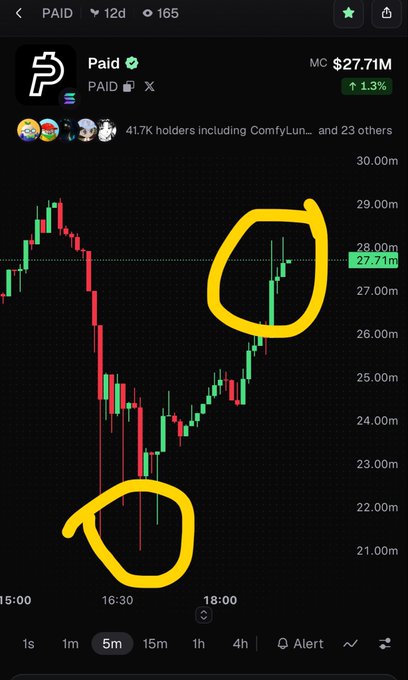 A 5-minute candlestick chart of the token 'Paid' (MC $27.71M, +1.3%) with two areas circled in yellow: a lower dip around $21M and a higher price point near $28M.