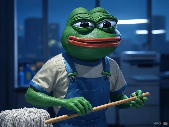 A Grok-generated image depicting a sad-looking Pepe the Frog dressed in blue janitor overalls, holding a mop in an office-like setting.